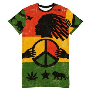 Rasta Peace T-shirt Dress at Rastaseed. Rastafarian, Reggae and Jamaican beach surf and vacation gear in the reggae colors.