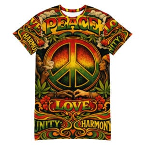 Rasta Peace Love Unity T-shirt dress in Reggae and Rastafarian colors. Rastaseed One love Guidance Protection Jamaican Reggae beach and surf gear.