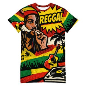 Reggae Stylee T-shirt dress in fht Rasta colors. Seventies Retro style. Rastaseed Rastafarian and Jamaican merchandise and clothing.