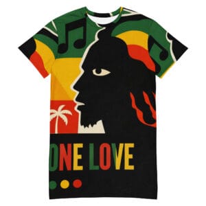 One Love Rastaman T-shirt dress in the Rastafarian colors. Bold design in vivid colors at Rastaseed Jamaican Reggae and Rasta merchandise.