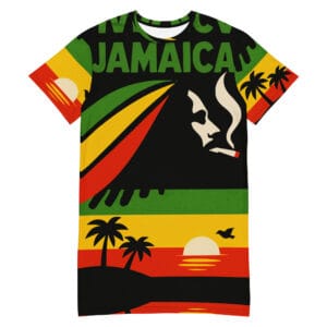 Jamaica Rasta Smoke T-shirt dress in vibrant Rastafarian colors and design. Rastaseed Jamaican Reggae and Jah Rastafari vacation gear and merchandise.