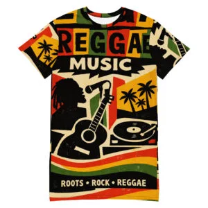 Reggae Music T-shirt dress in Reggae colors and symbols. Rastaseed Jamaican Reggae Rastafarian vacation gear and merchandise.