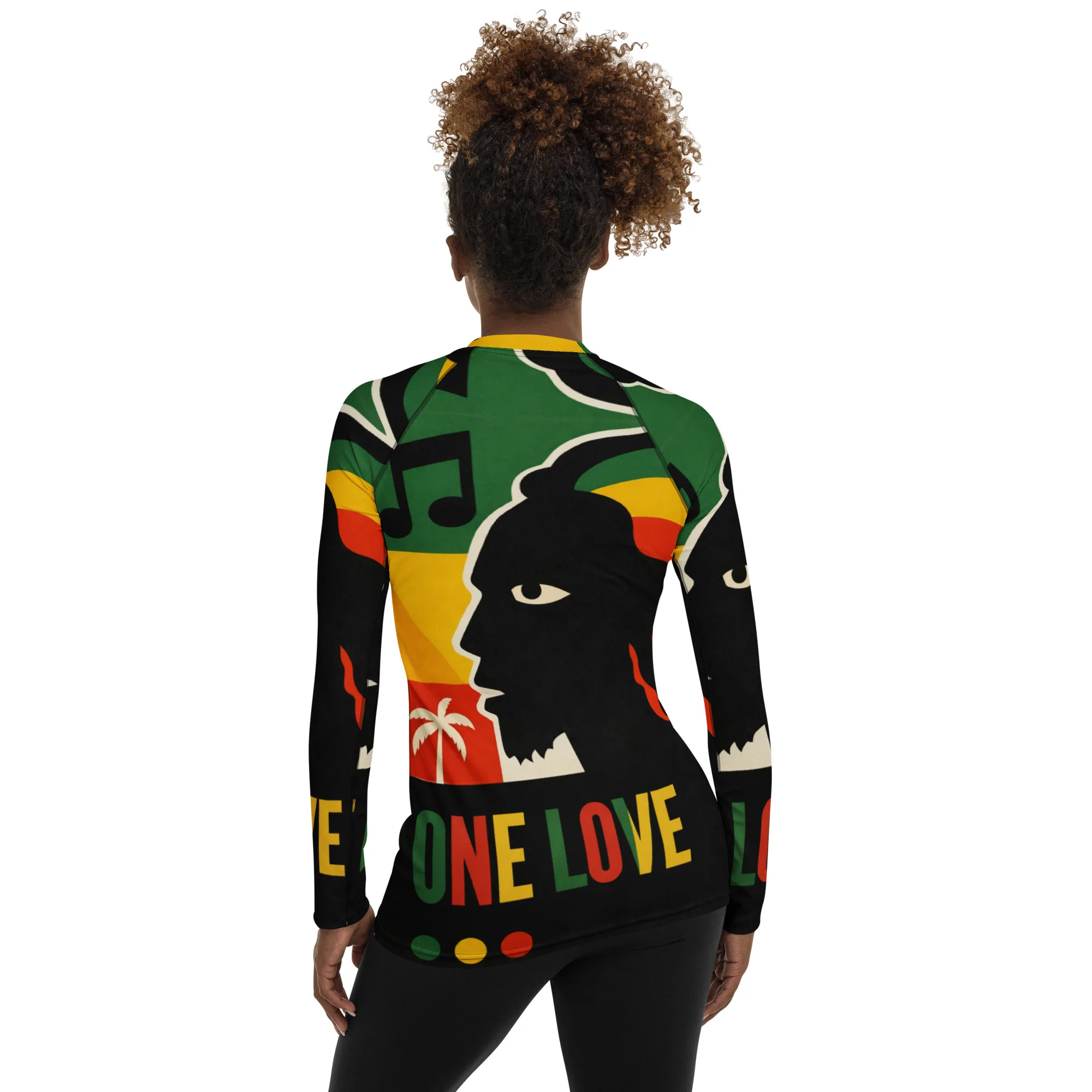 One Love Rasta Rash Guard in red gold green and black. Rastaseed Reggae Surf, Rastafarian and Jamaican merchandise and vacation gear. Model Back.