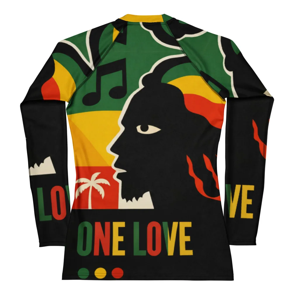 One Love Rasta Rash Guard in red gold green and black. Rastaseed Reggae Surf, Rastafarian and Jamaican merchandise and vacation gear. Rashie back view
