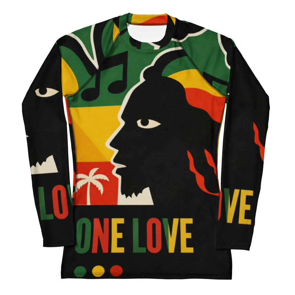 One Love Rasta Rash Guard in red gold green and black. Rastaseed Reggae Surf, Rastafarian and Jamaican merchandise and vacation gear. Rashie front view