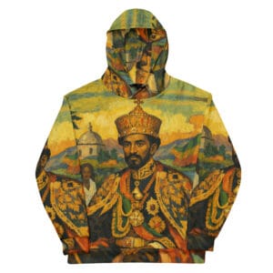 Emperor Haile Selassie cotton hoodie in Rasta colors and Ethiopian Design. Rastaseed Rastafarian, Reggae and Jamaican merchandise and clothing front view.
