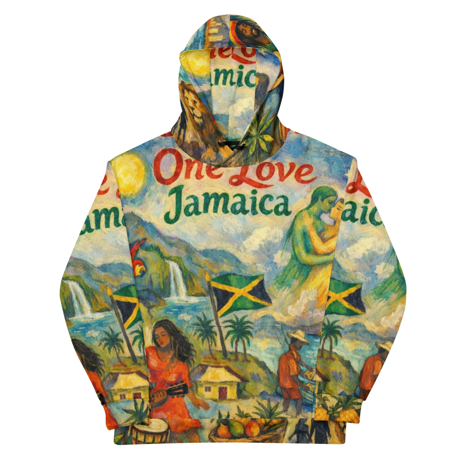 One Love Jamaica cotton hoodie un unique Jamaican design. Captivating the laid back essence of island life. Rastaseed Rastafarian Jamaican gear front view.
