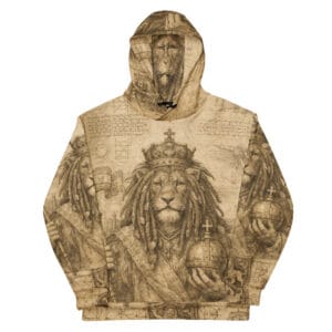 Lion of Judah cotton hoodie in original antique Lion design. Rastaseed Rastafarian, Reggae and Jamaican merchandise and clothing front view.