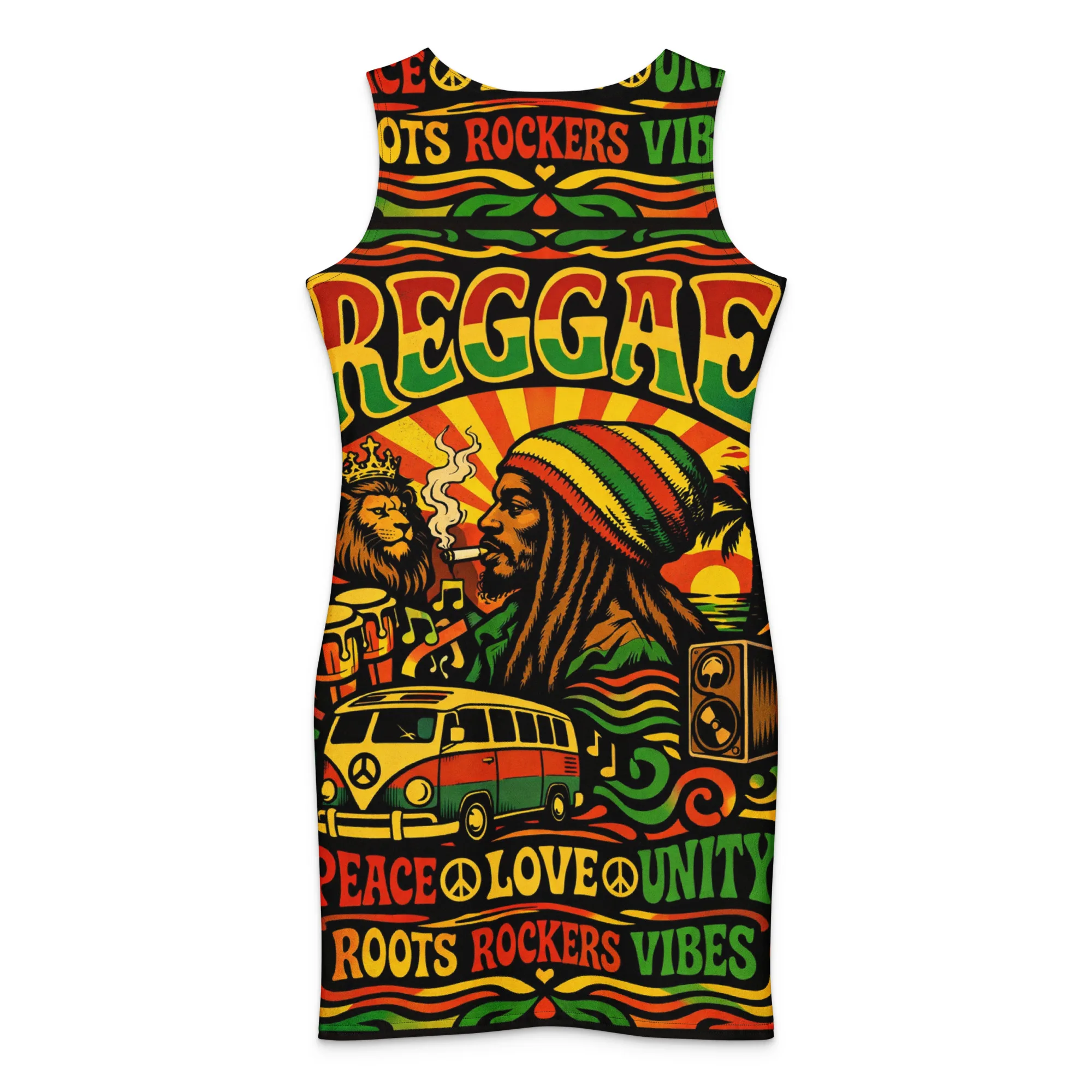 Reggae Rockers Cotton bodycon dress back view in the Rasta Reggae colors. Rastaseed Jamaican Reggae and Rastafarian clothing and merchandise.