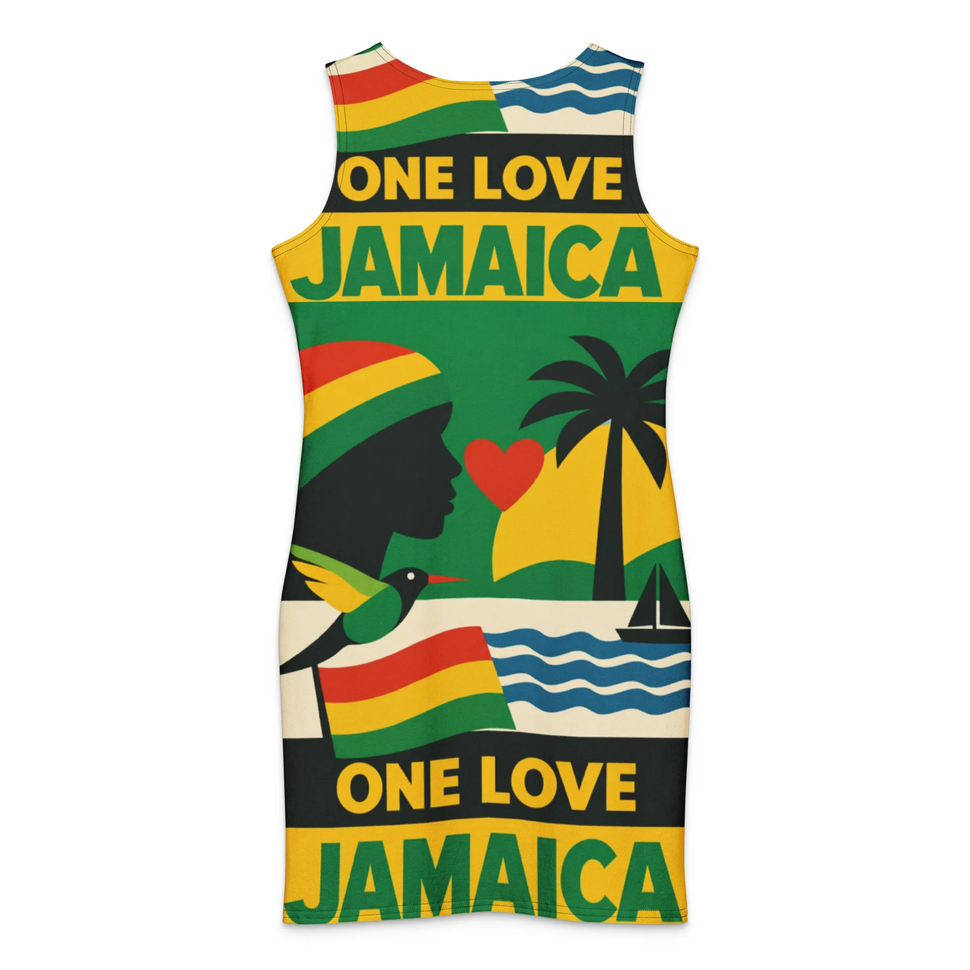 Jamaican One Love Cotton bodycon dress in Jamaican colors back view. Cute Vacation dress made from cool comfortable cotton. Great for the beach.