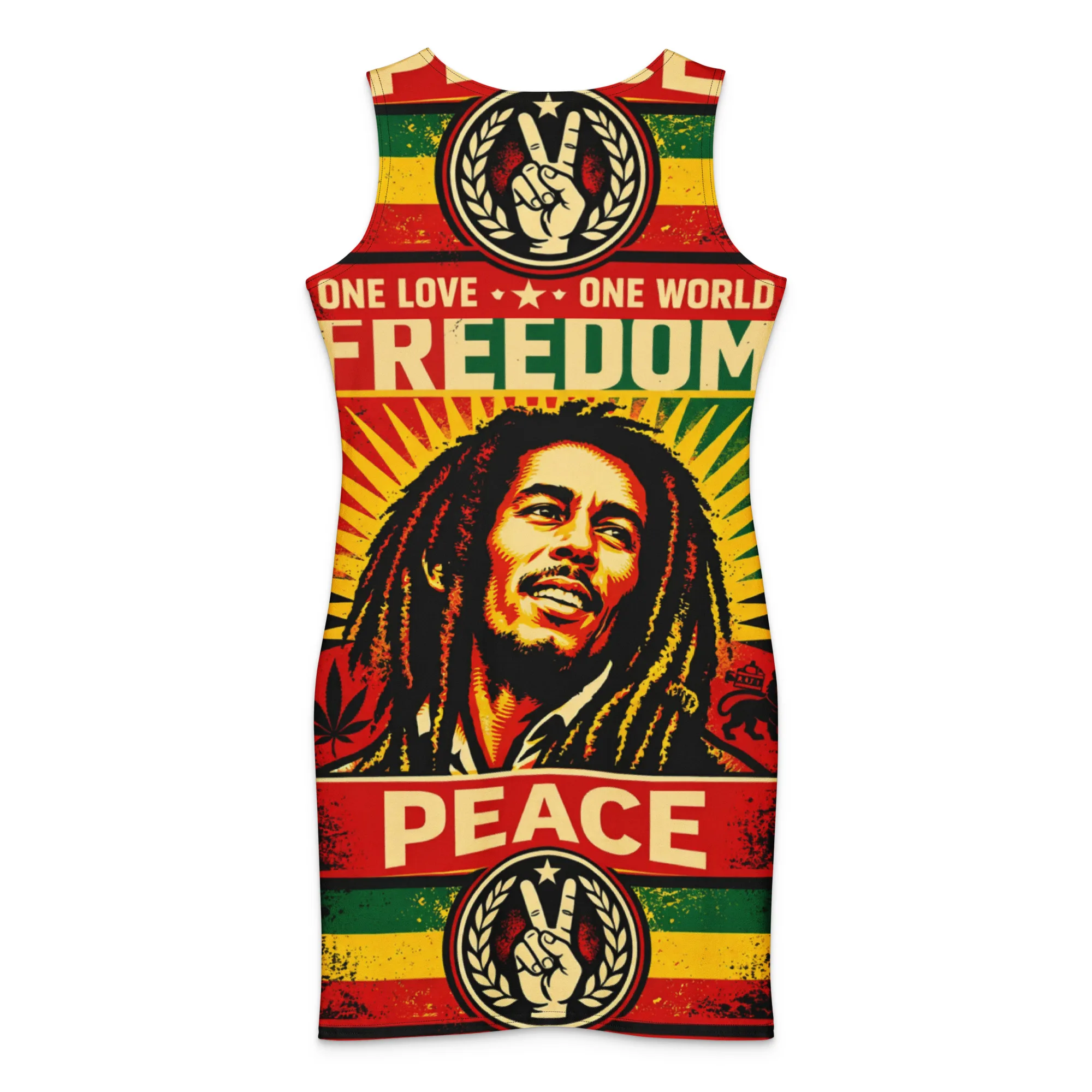 Rasta Freedom Peace Cotton bodycon dress back view in Reggae Rasta colors. Rastaseed Freedom, Jamaican, Reggae and Rastafarian clothing and merchandise.