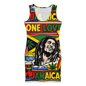 One Love Jamaica Cotton bodycon dress. Rastaseed Jamaican Reggae One Love and Rastafarian merchandise, accessories and clothing.