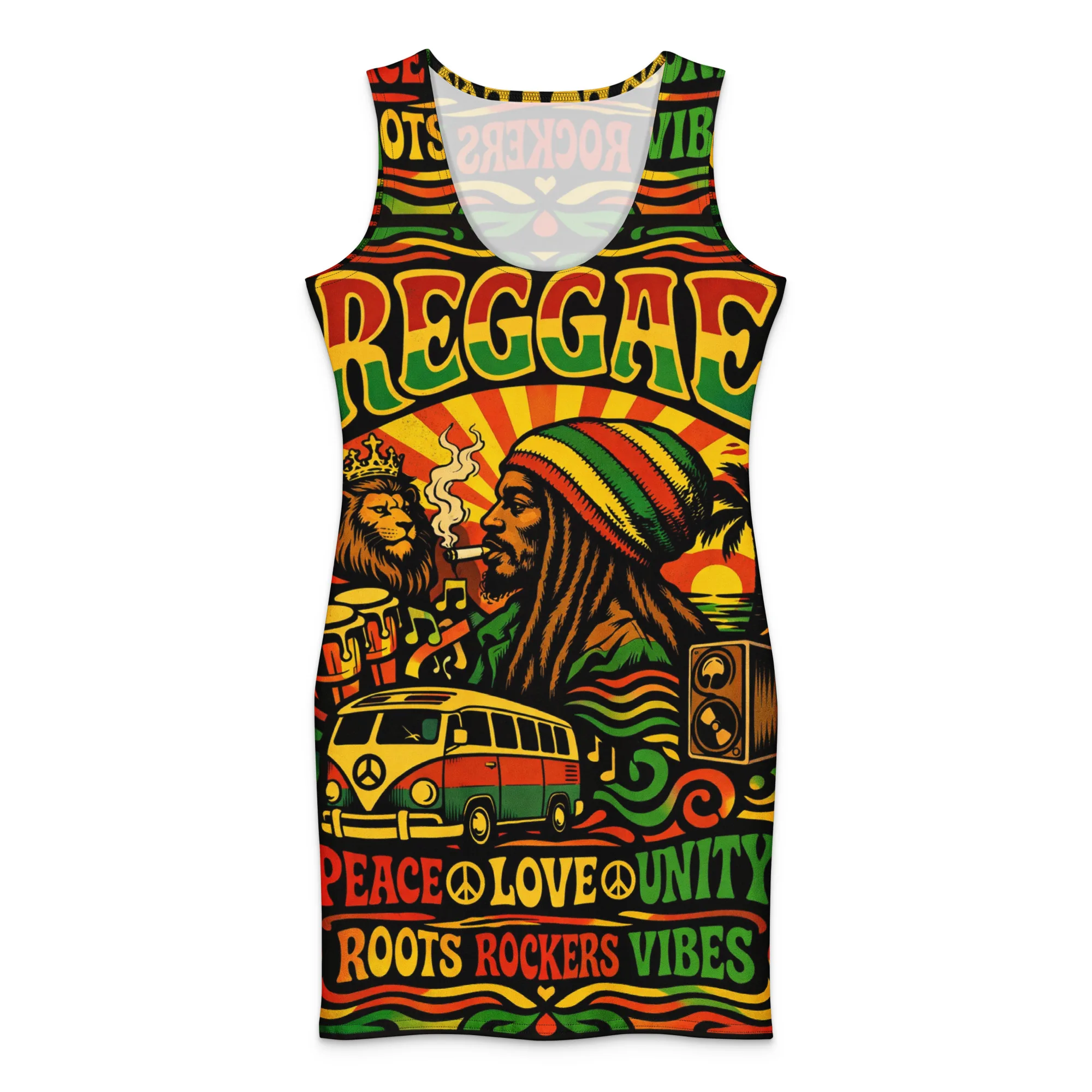 Reggae Rockers Cotton bodycon dress in the Rasta Reggae colors. Rastaseed Jamaican Reggae and Rastafarian clothing and merchandise.