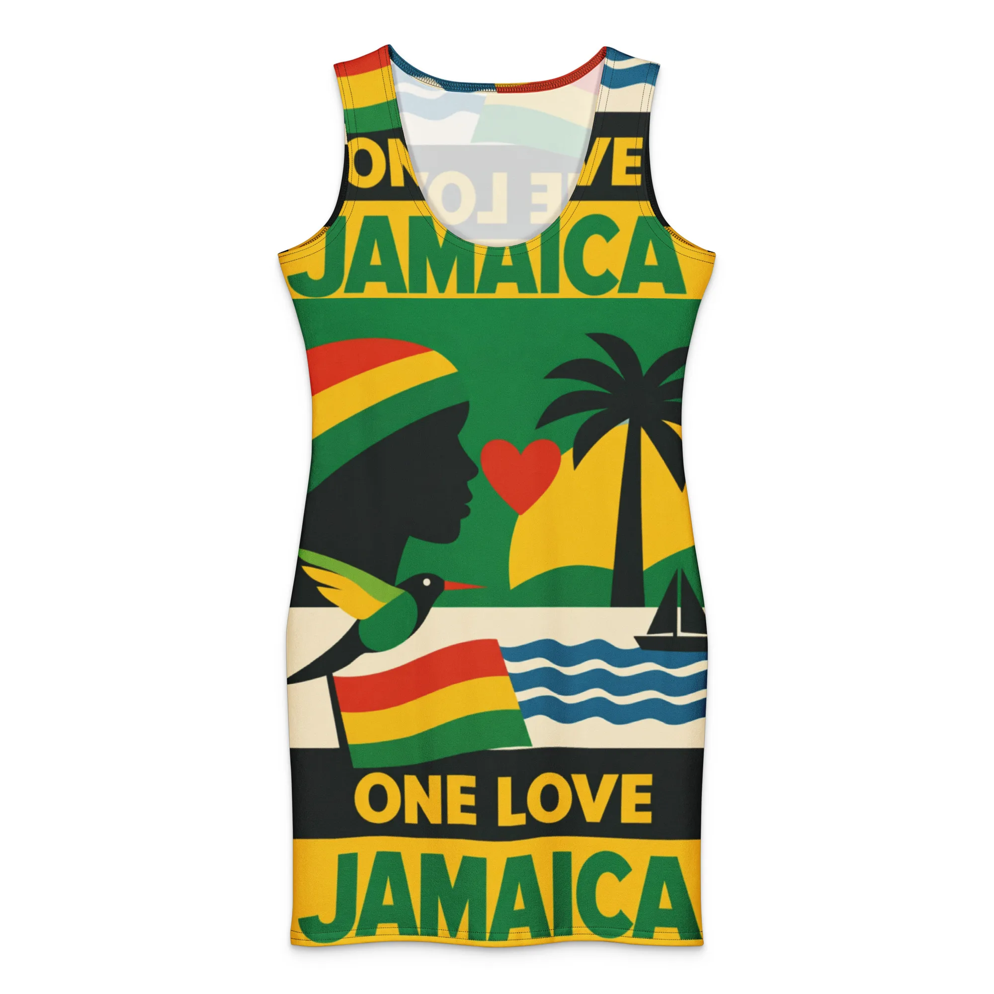 Jamaican One Love Cotton bodycon dress in Jamaican colors. Cute Vacation dress made from cool comfortable cotton. Great for the beach.