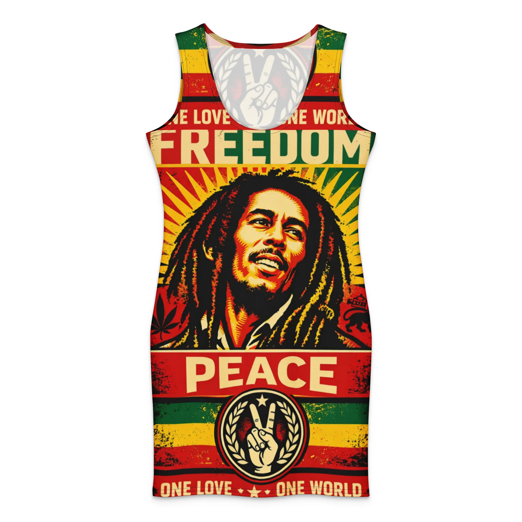 Rasta Freedom Peace Cotton bodycon dress in Reggae Rasta colors. Rastaseed Freedom, Jamaican, Reggae and Rastafarian clothing and merchandise.
