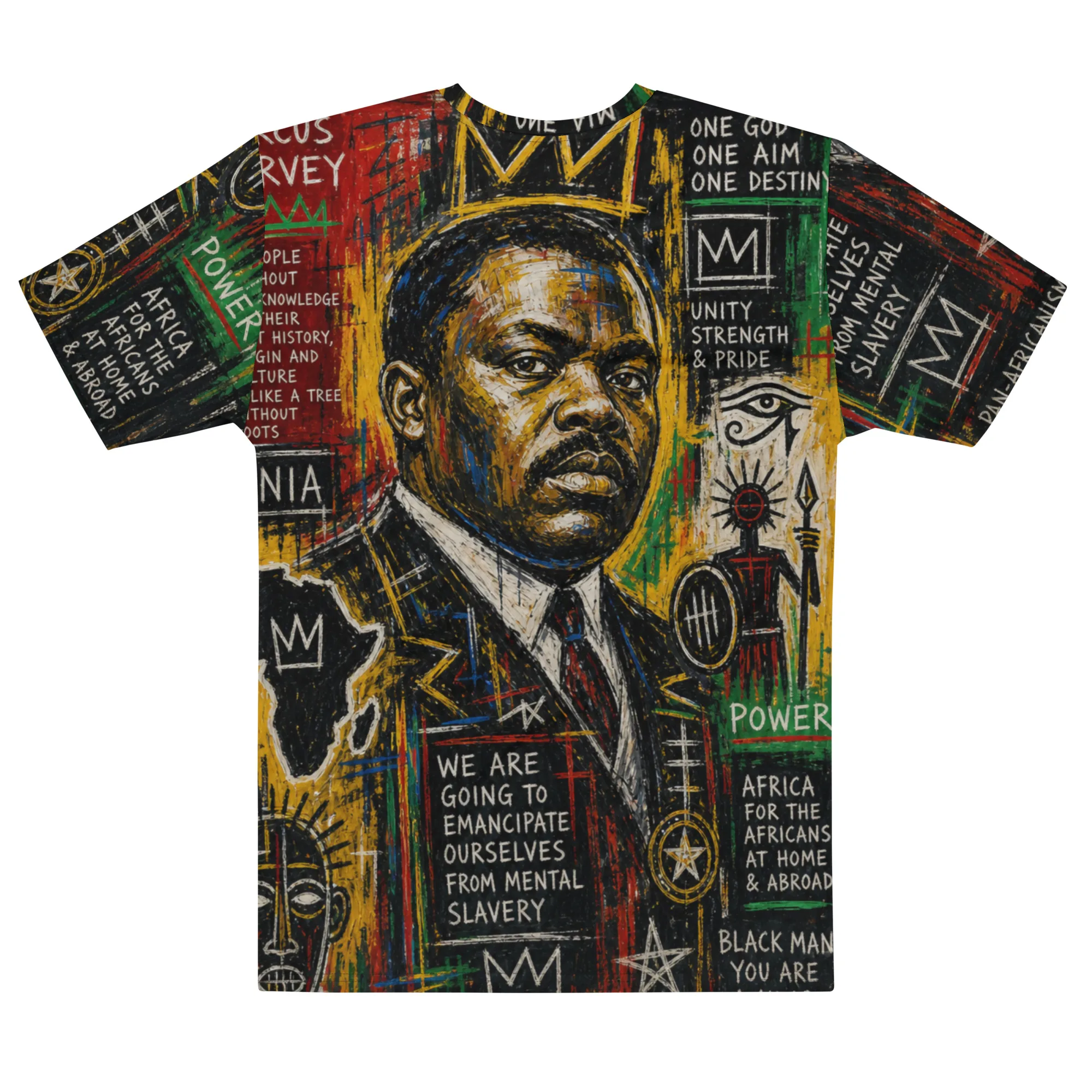 Marcus Garvey Africa Men’s cotton crew neck t-shirt back view. Rastaseed Rastafarian Reggae and Jamaican merchandise and accessories.