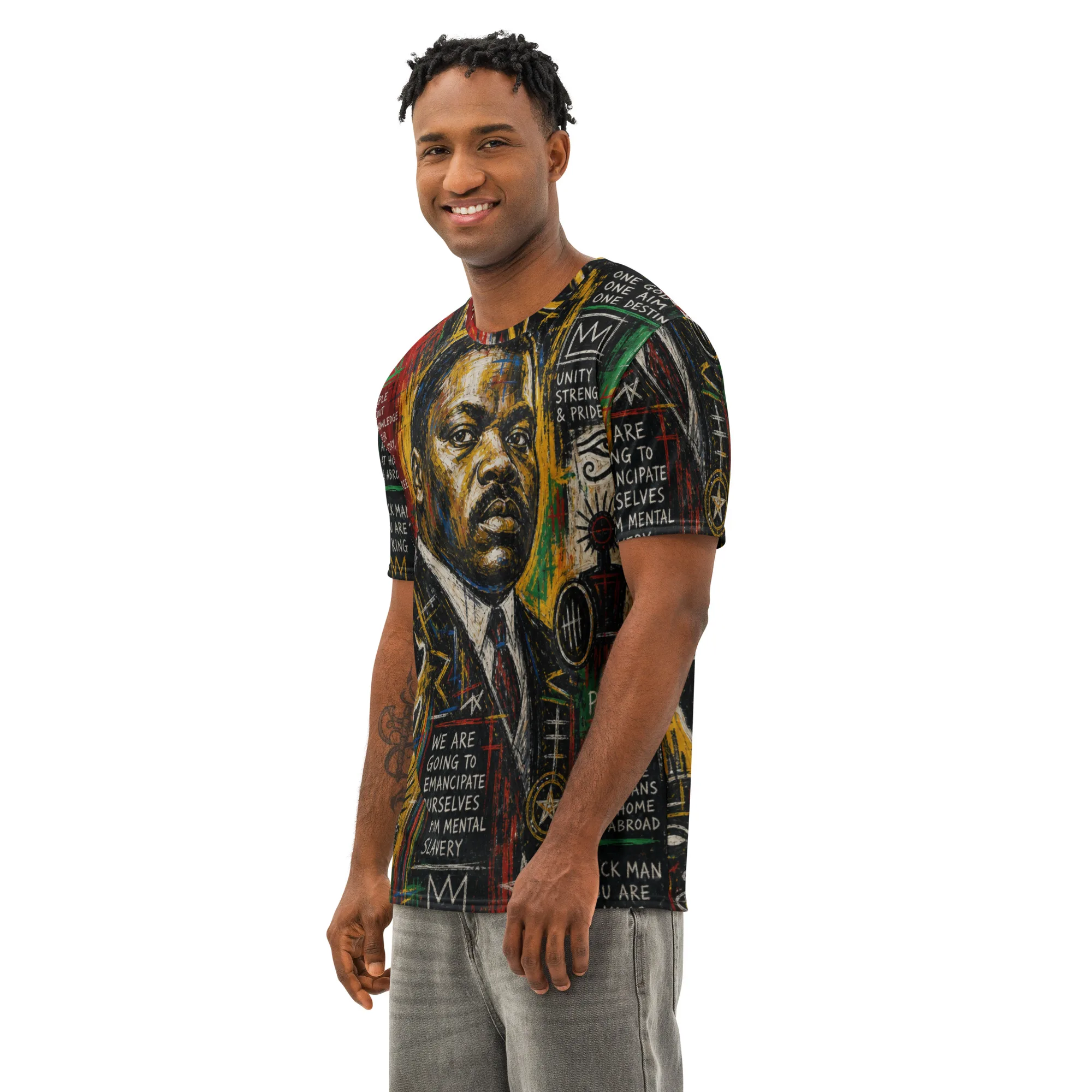 Marcus Garvey Africa Men’s cotton crew neck t-shirt. Rastaseed Rastafarian Reggae and Jamaican merchandise and accessories. Model view.
