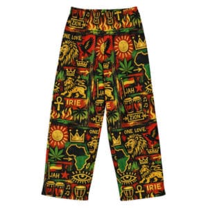 Rastafarian Cotton Pants in Rasta colors and symbols. Comfortable, pull on pants at Rastaseed.com Jamaican and Reggae merchandise.