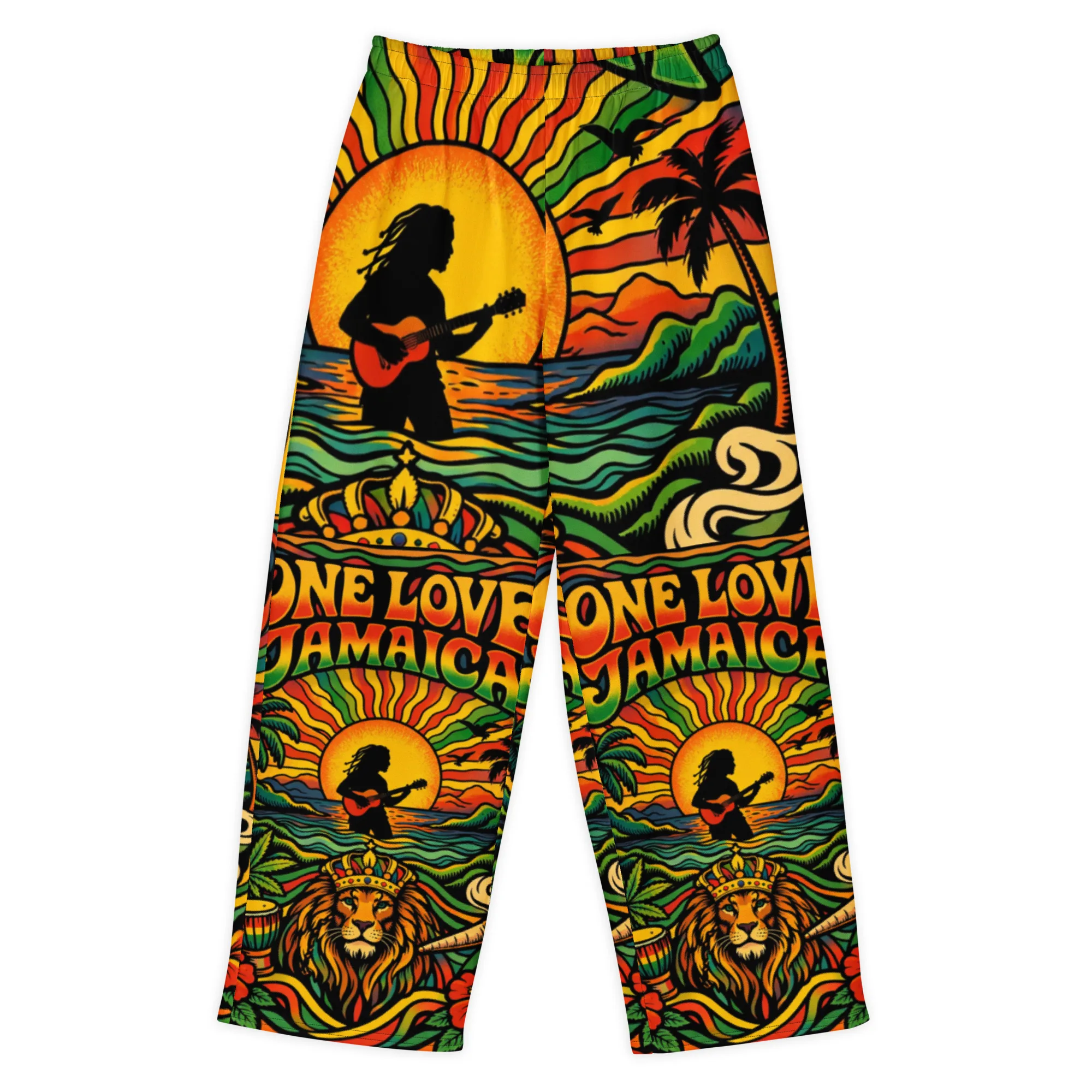 Rasta One Love Jamaica Cotton Pants in Rastafarian colors. Jamaican sunrise and palm trees. Rastaseed Jamaican, Reggae and One Love clothing and merch.