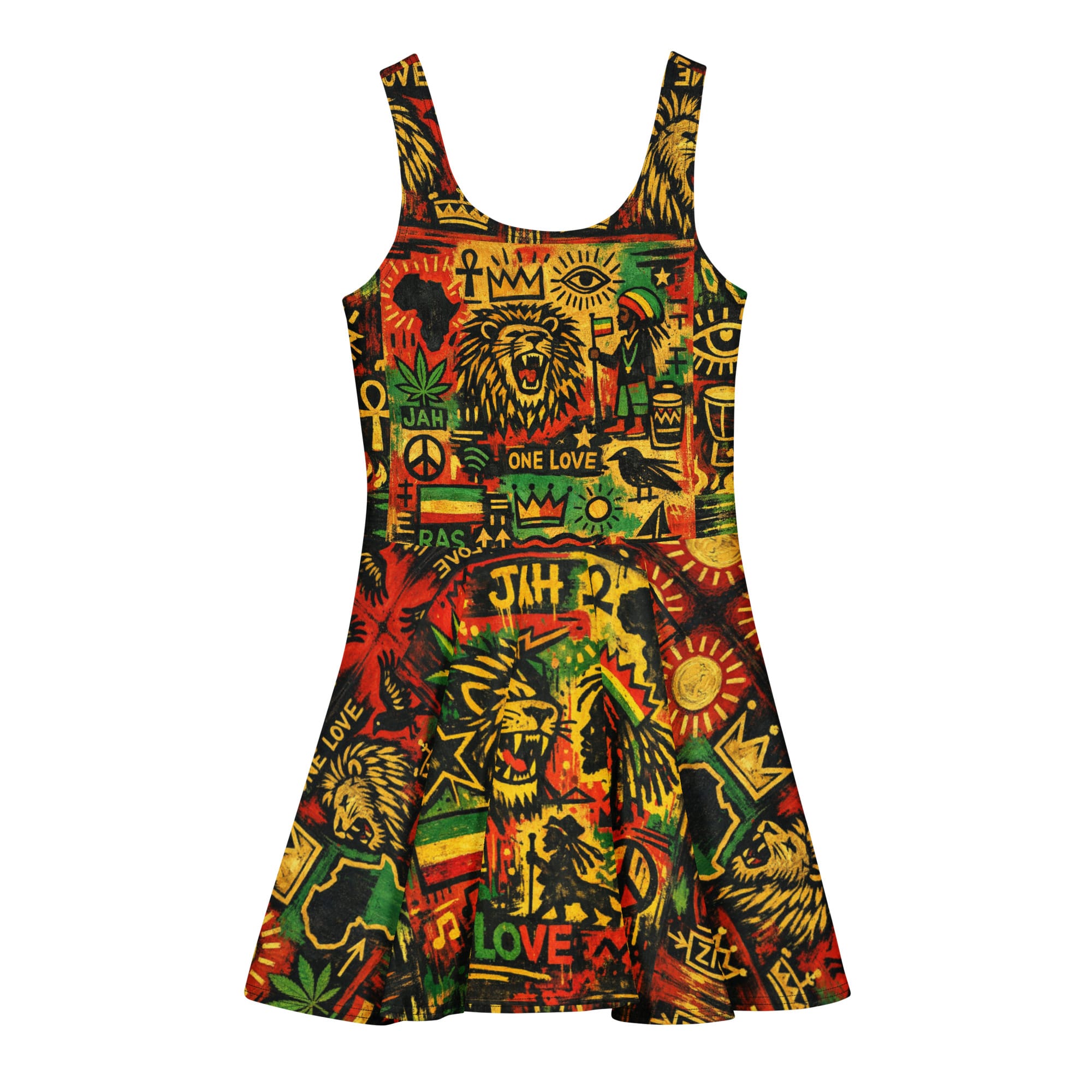 Rastafarian Reggae Cotton skater dress back view in Rasta colors. Rastaseed Jamaican and Reggae merchandise clothing and accessories.
