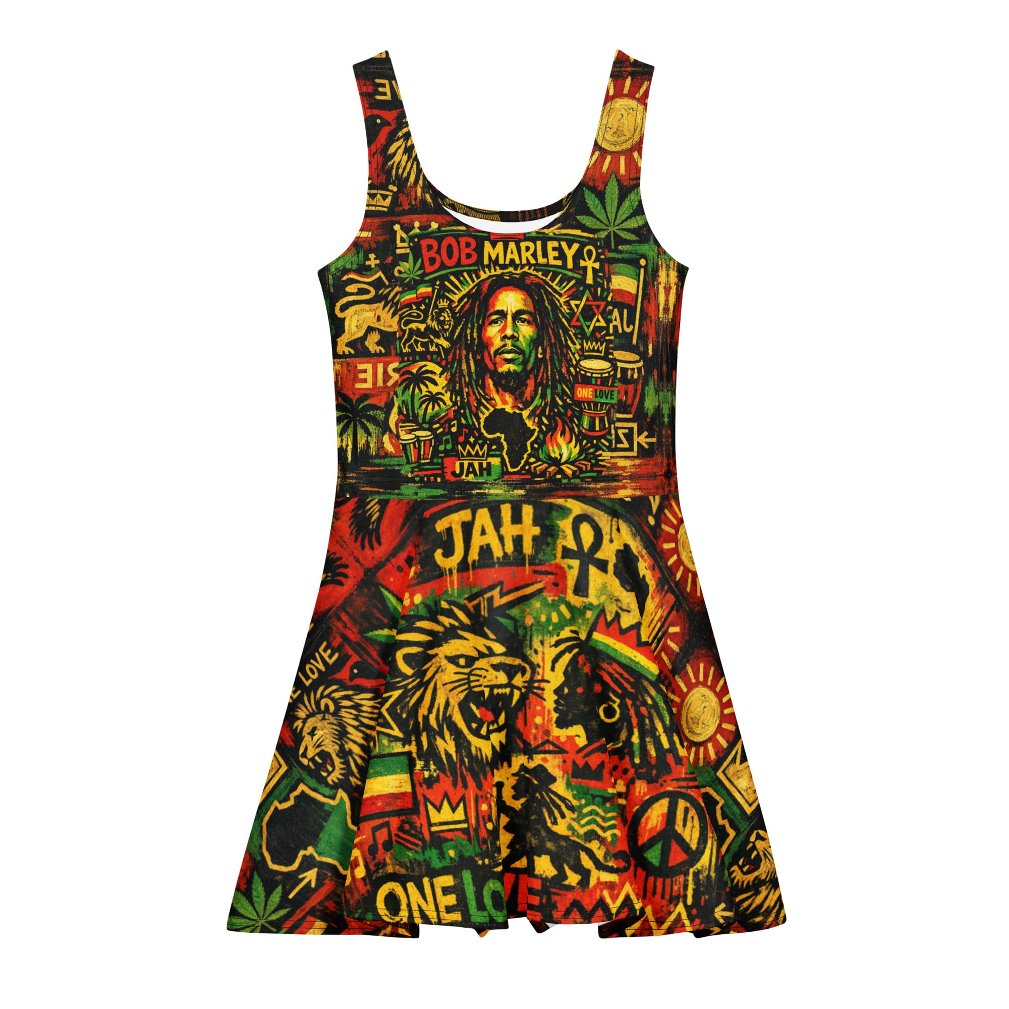 Rastafarian Reggae Cotton skater dress in Rasta colors. Rastaseed Jamaican and Reggae merchandise clothing and accessories.