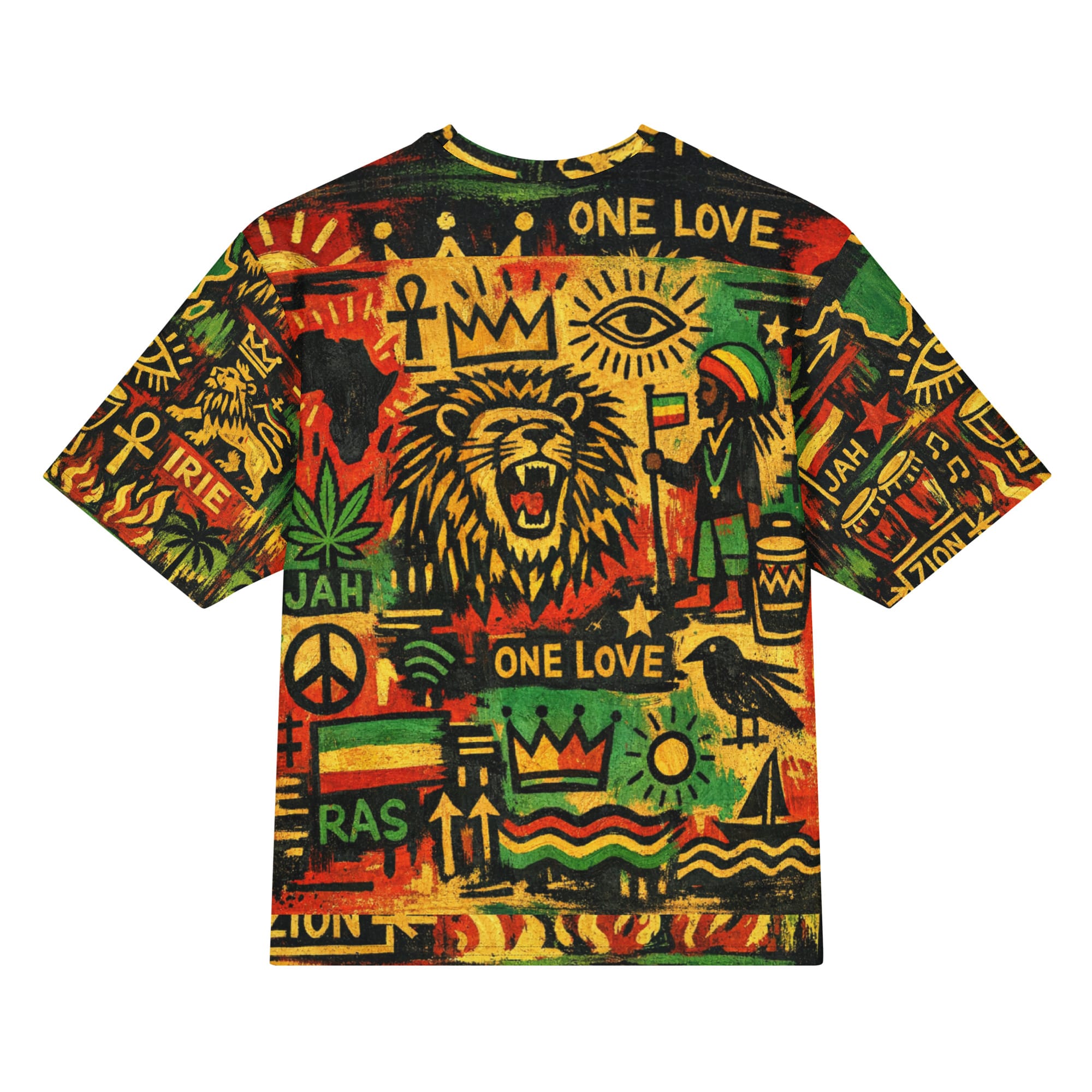 Rastafarian Oversized cotton t-shirt back view at Rastaseed. Rasta Jamaican and Reggae clothing and merchandise. Lion of Judah and Rasta Symbols and colors.
