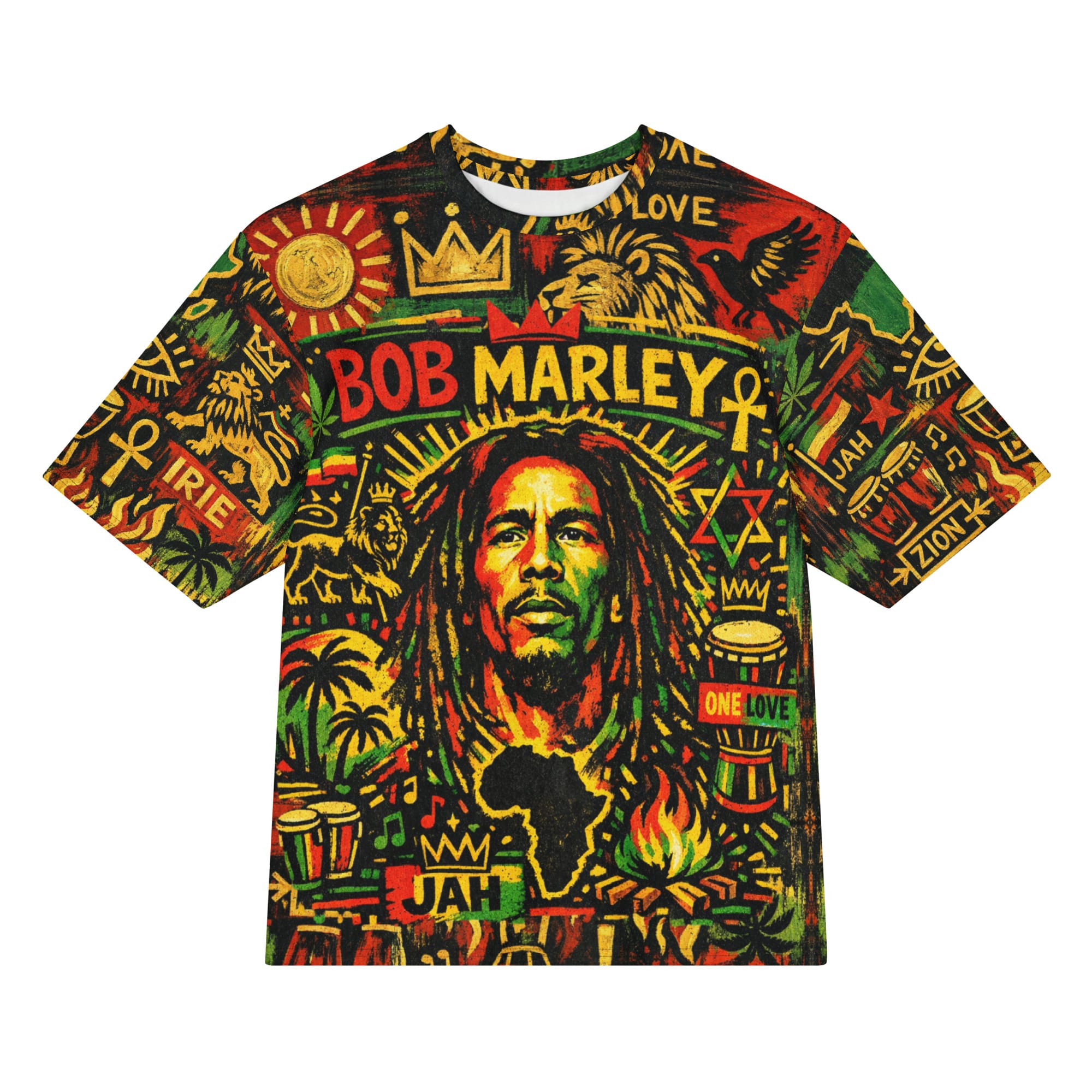 Rastafarian Oversized cotton t-shirt at Rastaseed. Rasta Jamaican and Reggae clothing and merchandise. Lion of Judah and Rasta Symbols and colors.