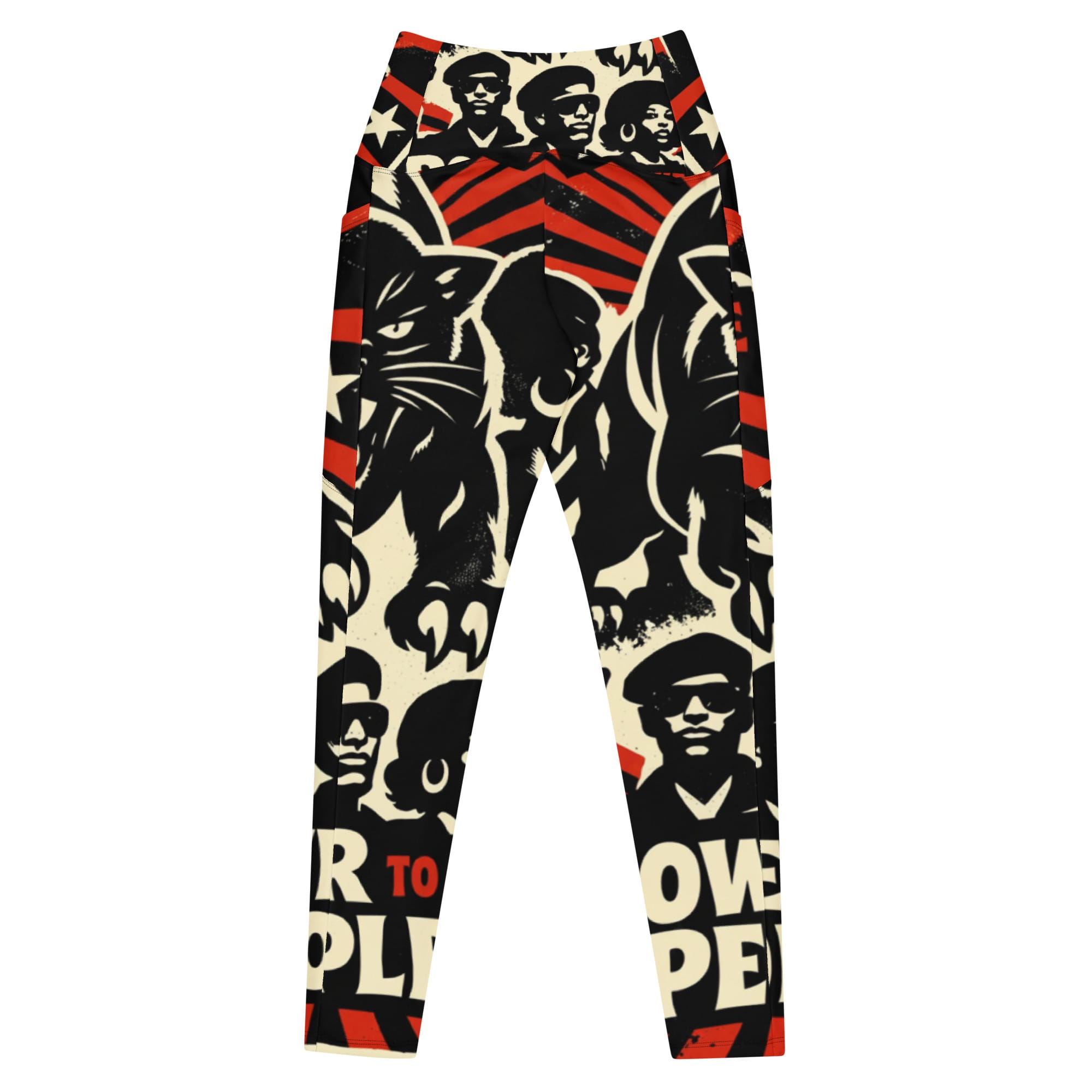 Rasta Power to the People Leggings with pockets back view. Black Panther leggings in black white and red. Rastaseed Jamaican Reggae Afro American merchandise.