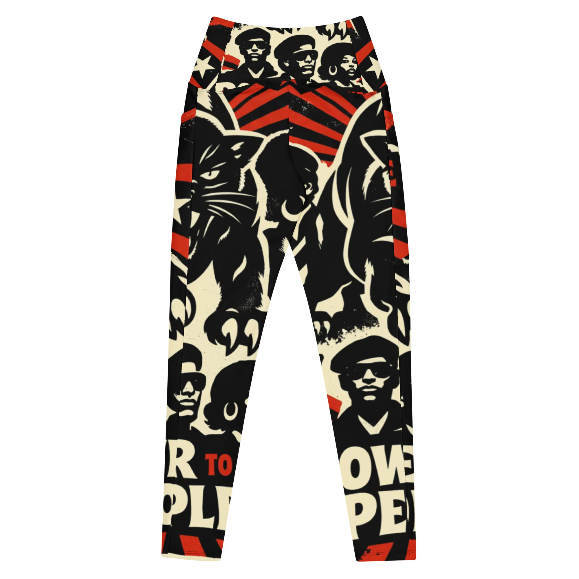 Rasta Power to the People Leggings with pockets back view. Black Panther leggings in black white and red. Rastaseed Jamaican Reggae Afro American merchandise.