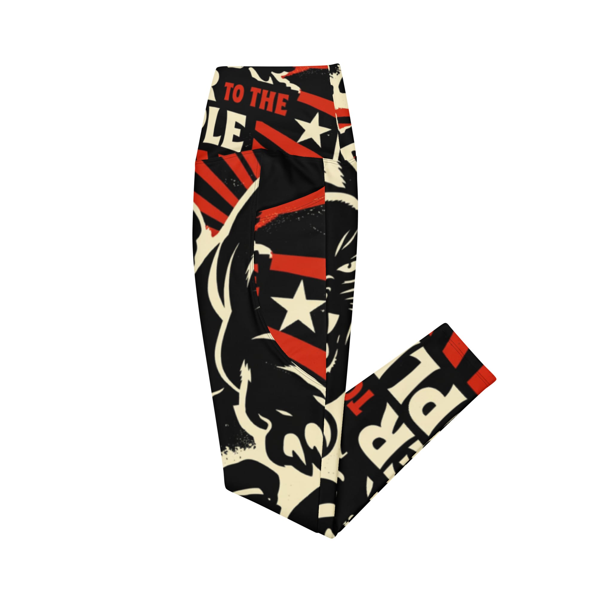 Rasta Power to the People Leggings with pockets side pocket view. Black Panther leggings in black white and red. Rastaseed Jamaican Reggae Afro American merchandise.