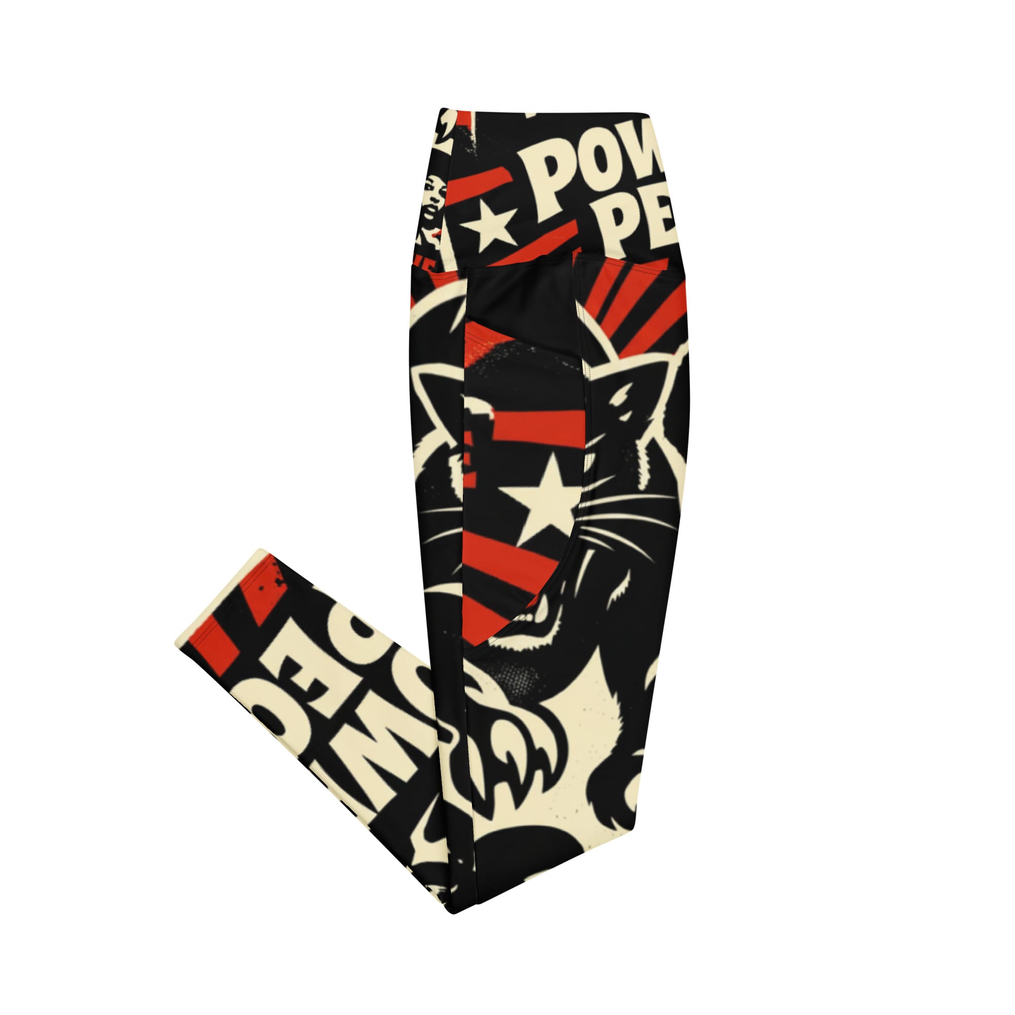 Rasta Power to the People Leggings with pockets side view. Black Panther leggings in black white and red. Rastaseed Jamaican Reggae Afro American merchandise.