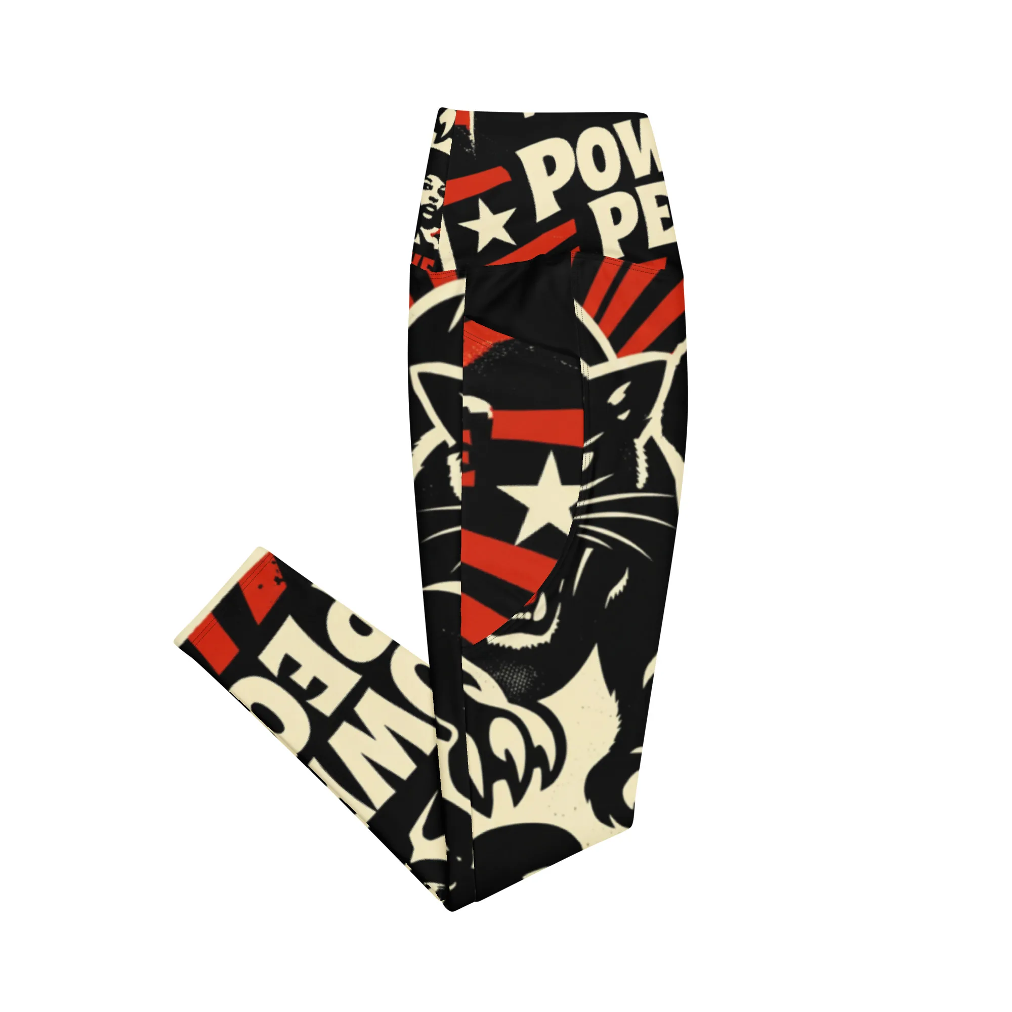 Rasta Power to the People Leggings with pockets side view. Black Panther leggings in black white and red. Rastaseed Jamaican Reggae Afro American merchandise.