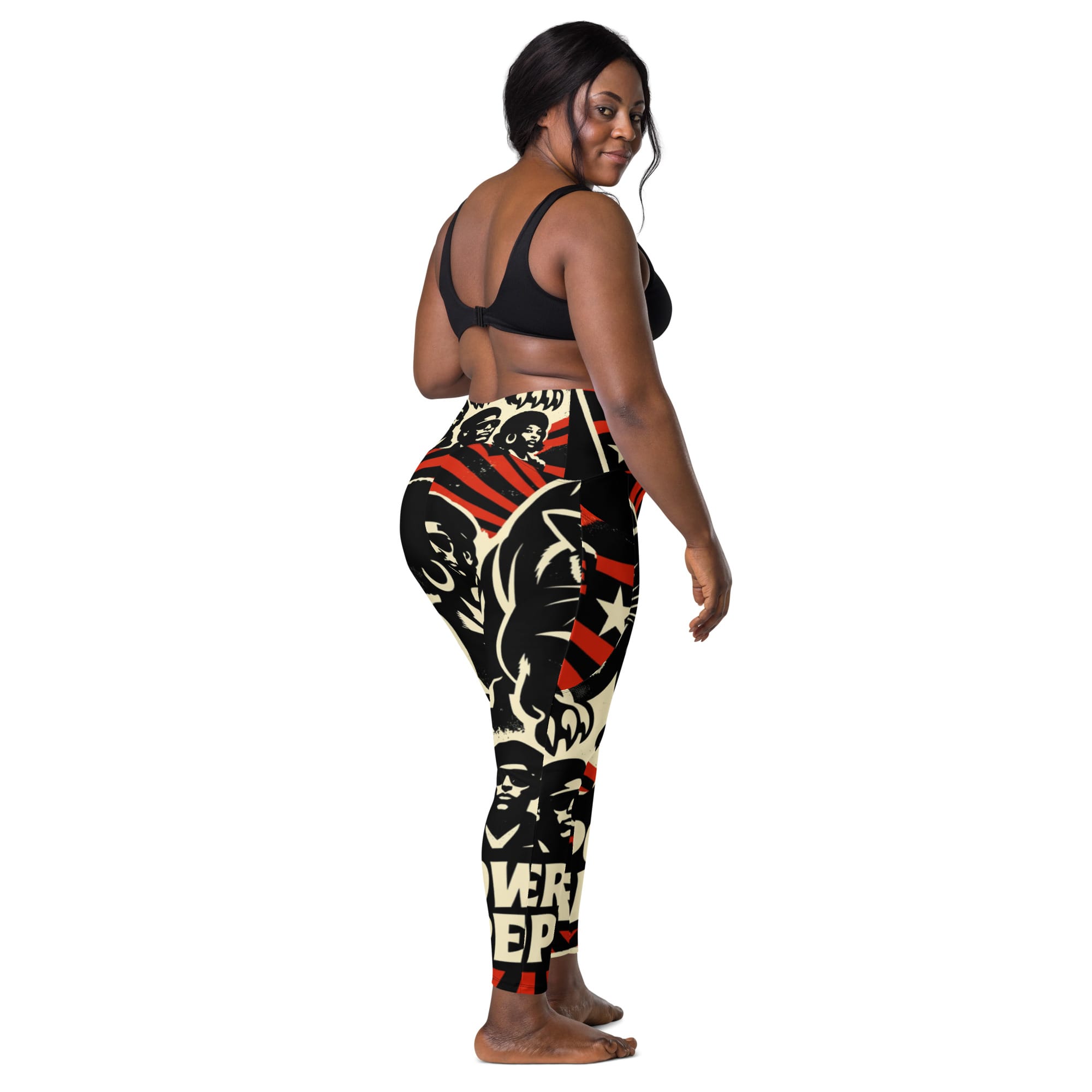 Rasta Power to the People Leggings with pockets back model view. Black Panther leggings in black white and red. Rastaseed Jamaican Reggae Afro American merchandise.