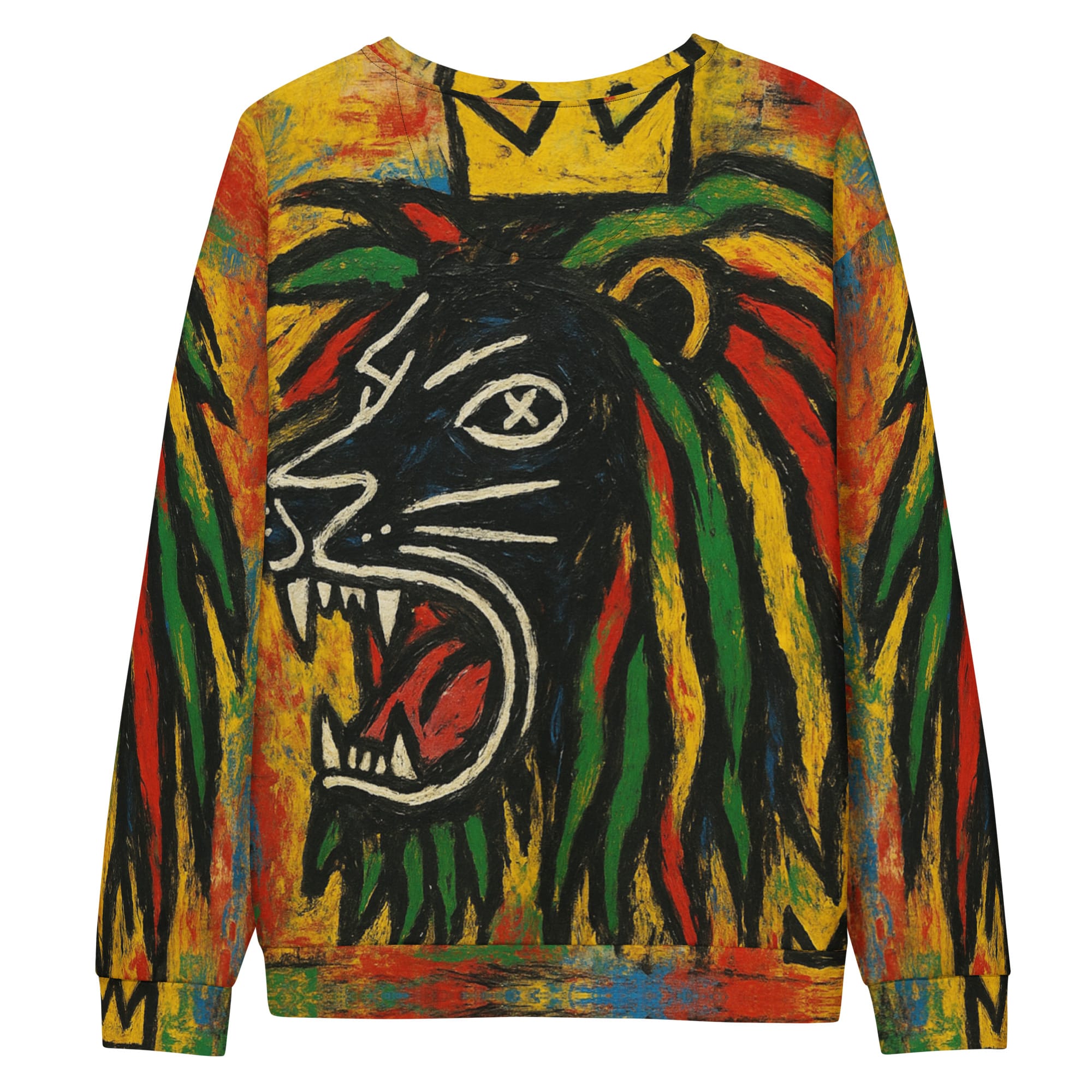 Rasta Black Lion Unisex cotton sweatshirt back view at Rastaseed. Rastafarian, Reggae and Jamaican Merchandise Clothing and Accessories.