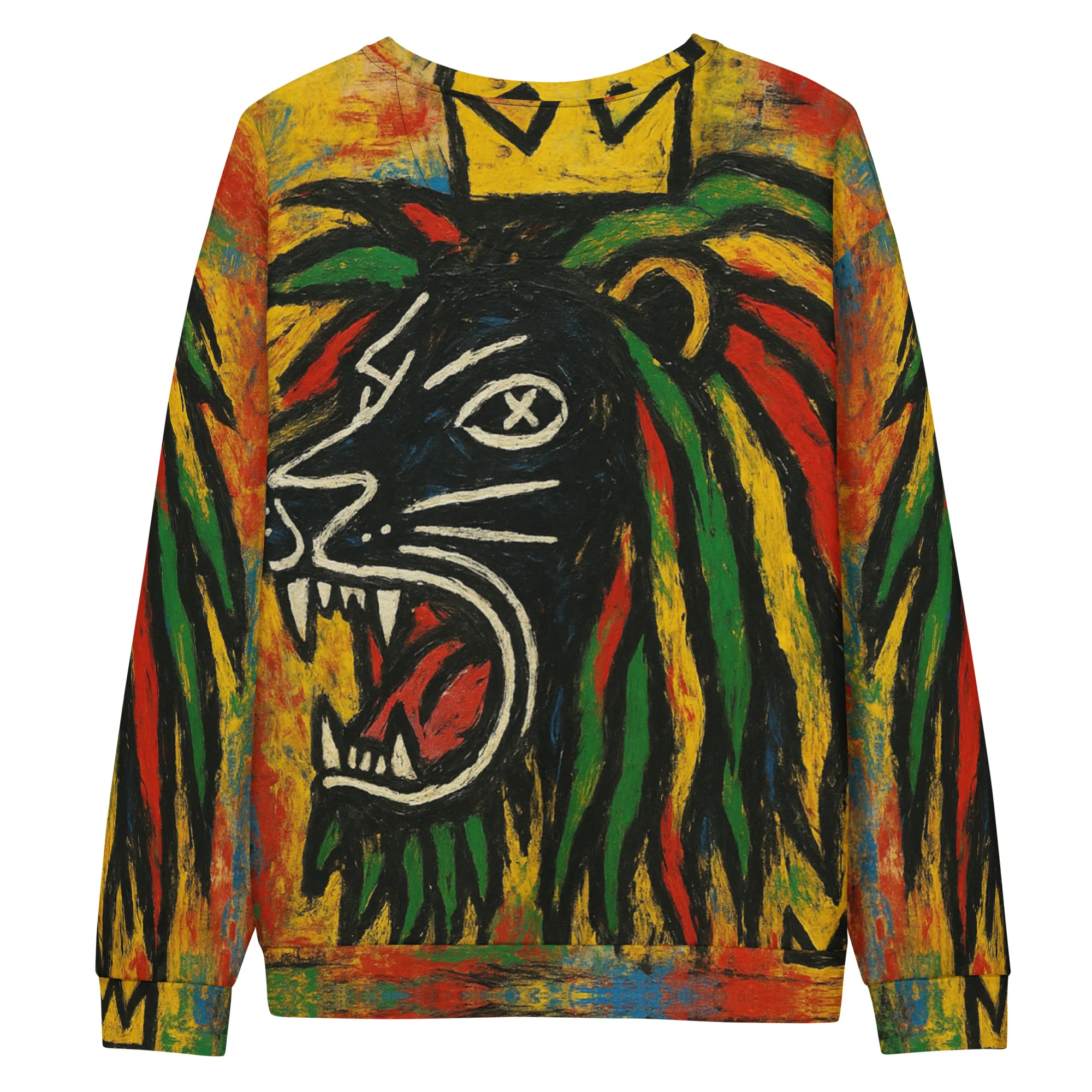 Rasta Black Lion Unisex cotton sweatshirt back view at Rastaseed. Rastafarian, Reggae and Jamaican Merchandise Clothing and Accessories.