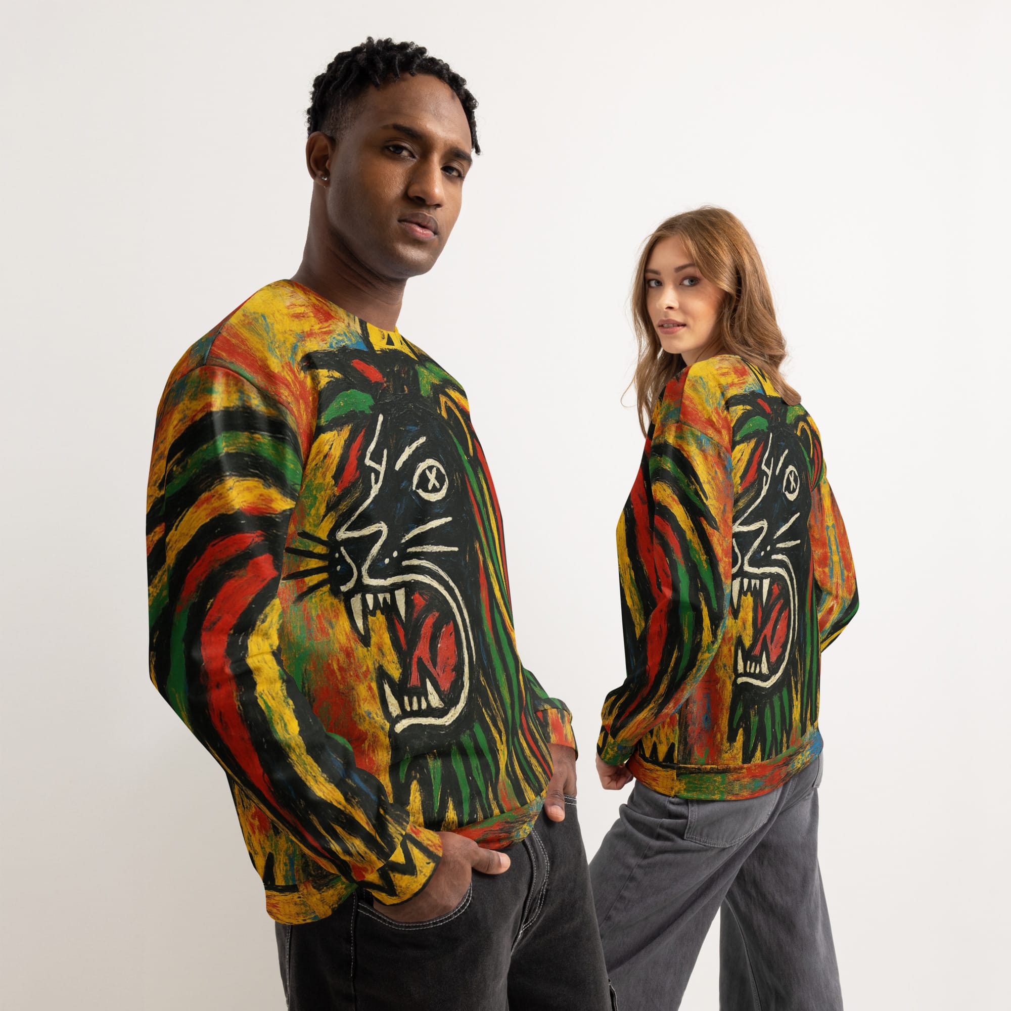 Rasta Black Lion Unisex cotton sweatshirt model view at Rastaseed. Rastafarian, Reggae and Jamaican Merchandise Clothing and Accessories.