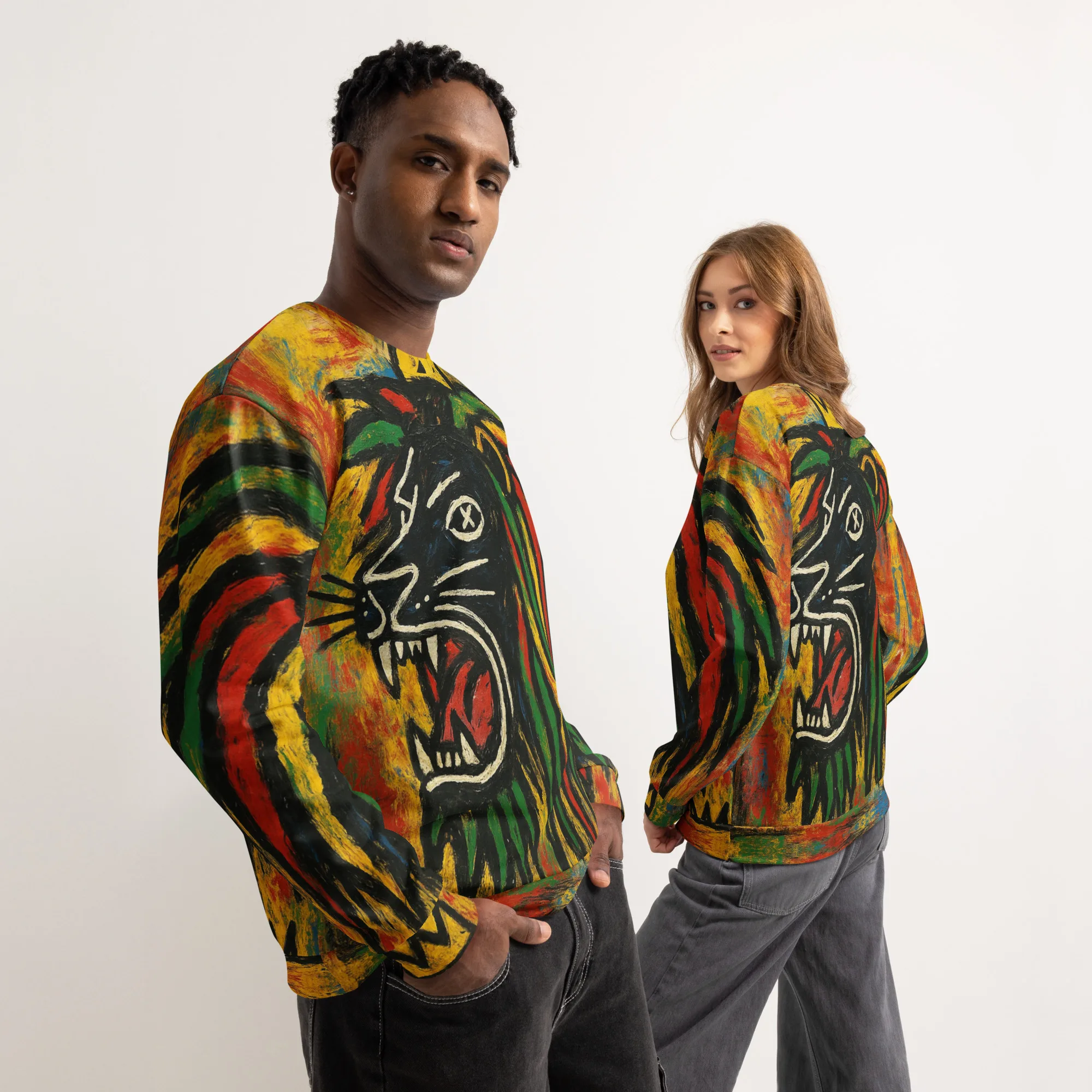 Rasta Black Lion Unisex cotton sweatshirt model view at Rastaseed. Rastafarian, Reggae and Jamaican Merchandise Clothing and Accessories.