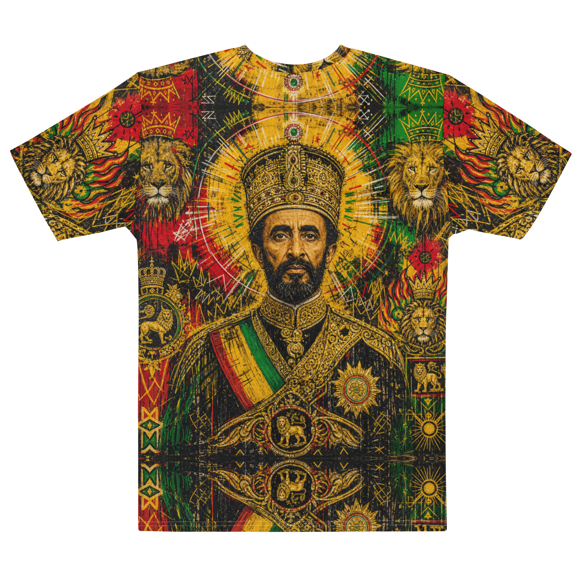 Emperor Selassie cotton crew neck t-shirt, mighty lion design back view at Rastaseed.com Rastafarian Reggae Haile Selassie and Jamaican merchandise.