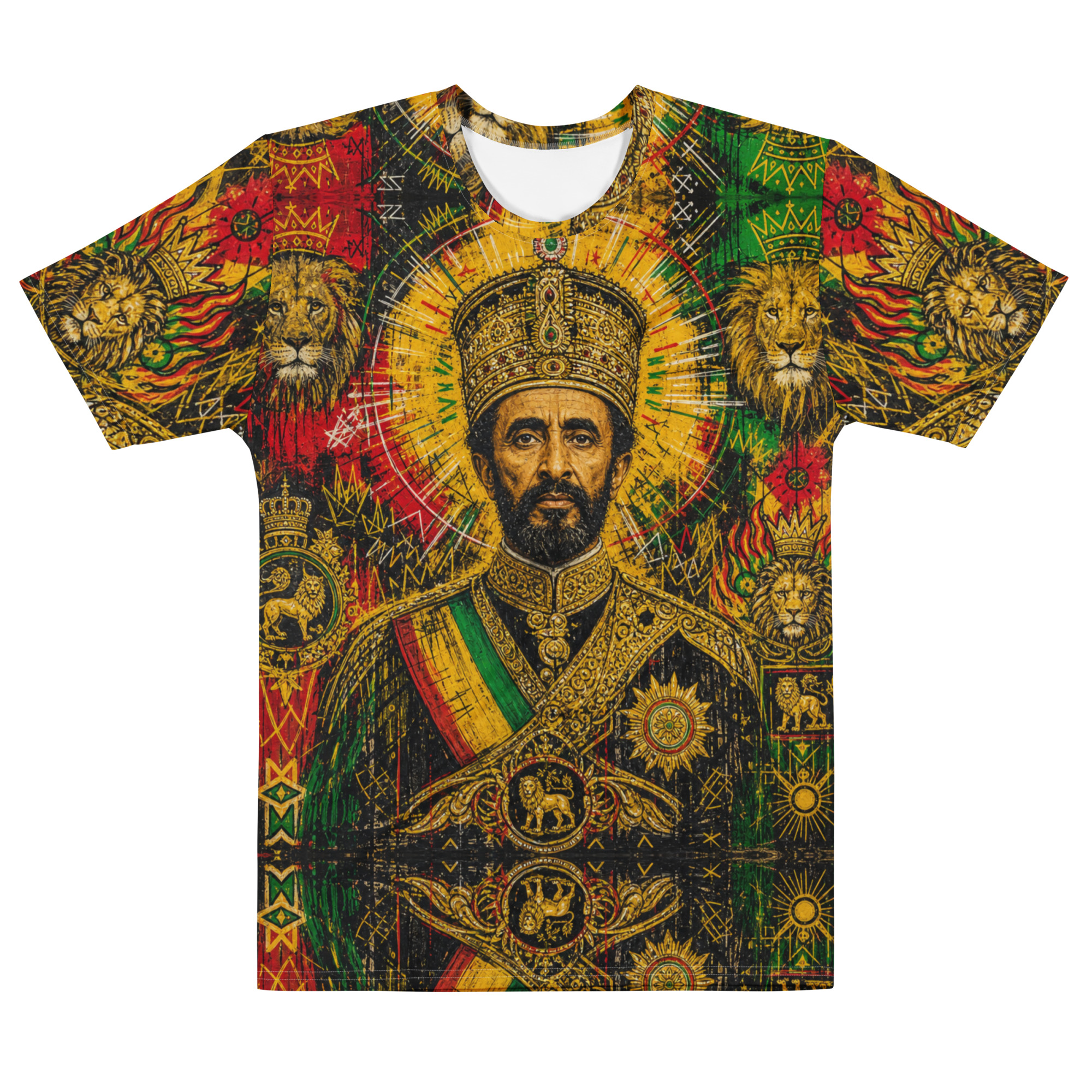 Emperor Selassie cotton crew neck t-shirt, mighty lion design at Rastaseed.com Rastafarian Reggae Haile Selassie and Jamaican merchandise.